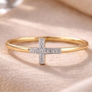 Luxury 10K Yellow Gold Diamond Cross Ring, Petite Natural Micro Pavé Faith Ring